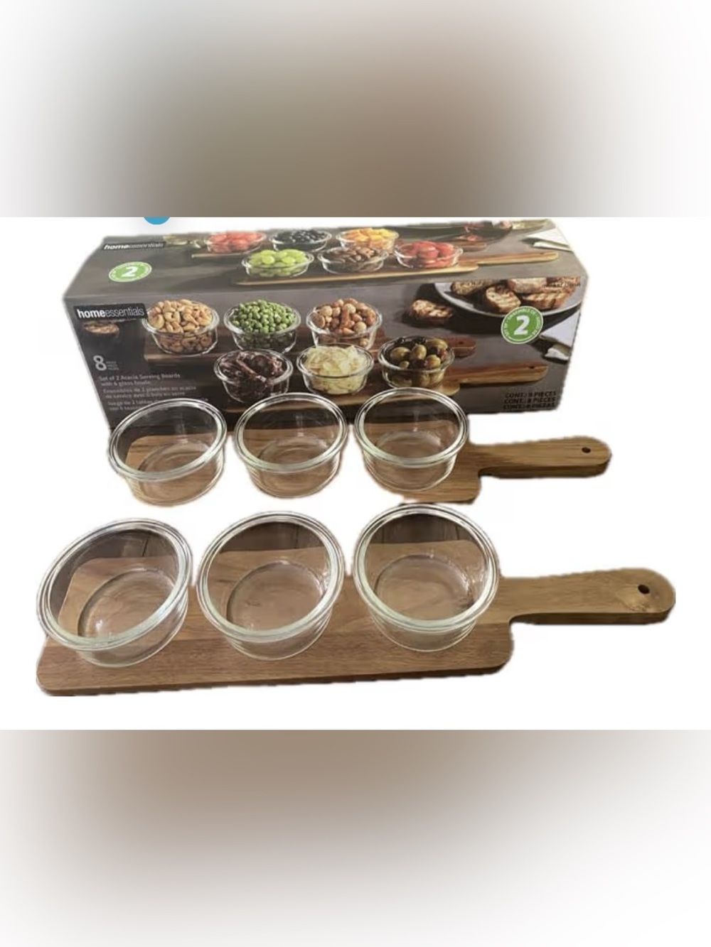 Home Essentials set of 2 Acacia Serving Boards with 6 Glass Bowls